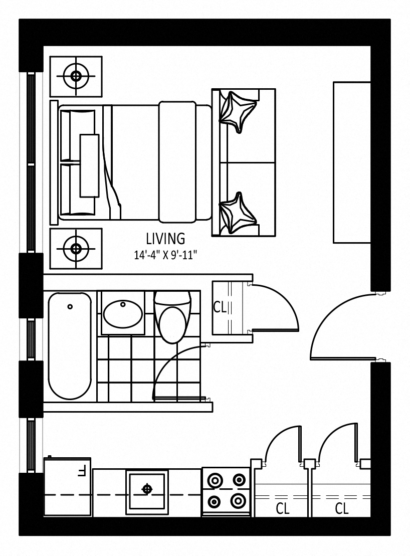 Floor plan for studio, 1 bath, 337 sqft